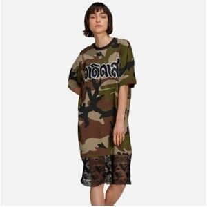 New! adidas Originals x DRY CLEAN ONLY Bangkok Camo Lace Hem Midi Shirt Dress, S